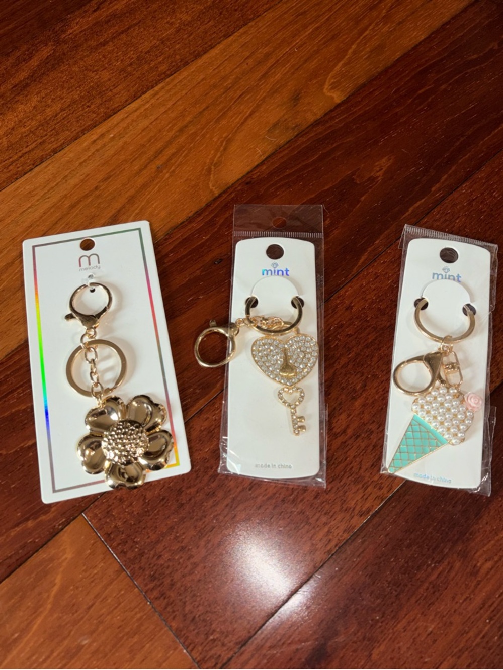 Gold-tone Keychain Trio with Rhinestone Heart & Flower Charms